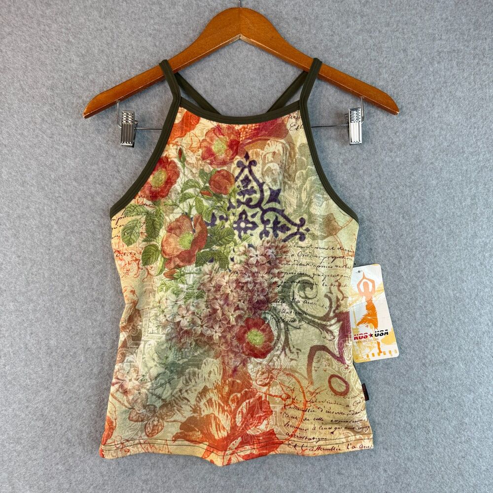 Y2K Retro Funky Graphic Workout Wear Tank Top Olive Green Built-In Bra Sz L NWT - Picture 2 of 6